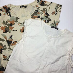 Set 2 Bossini Ladies T-Shirts Cap Sleeves White Camo Brown Green Spring Size 11